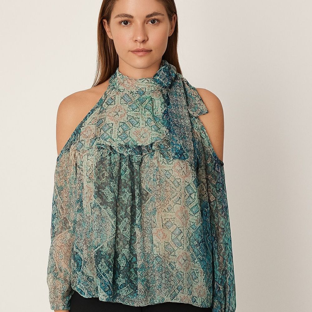 Libby. Edelman Boho Sheer Neck Tie Cold Shoulder Top